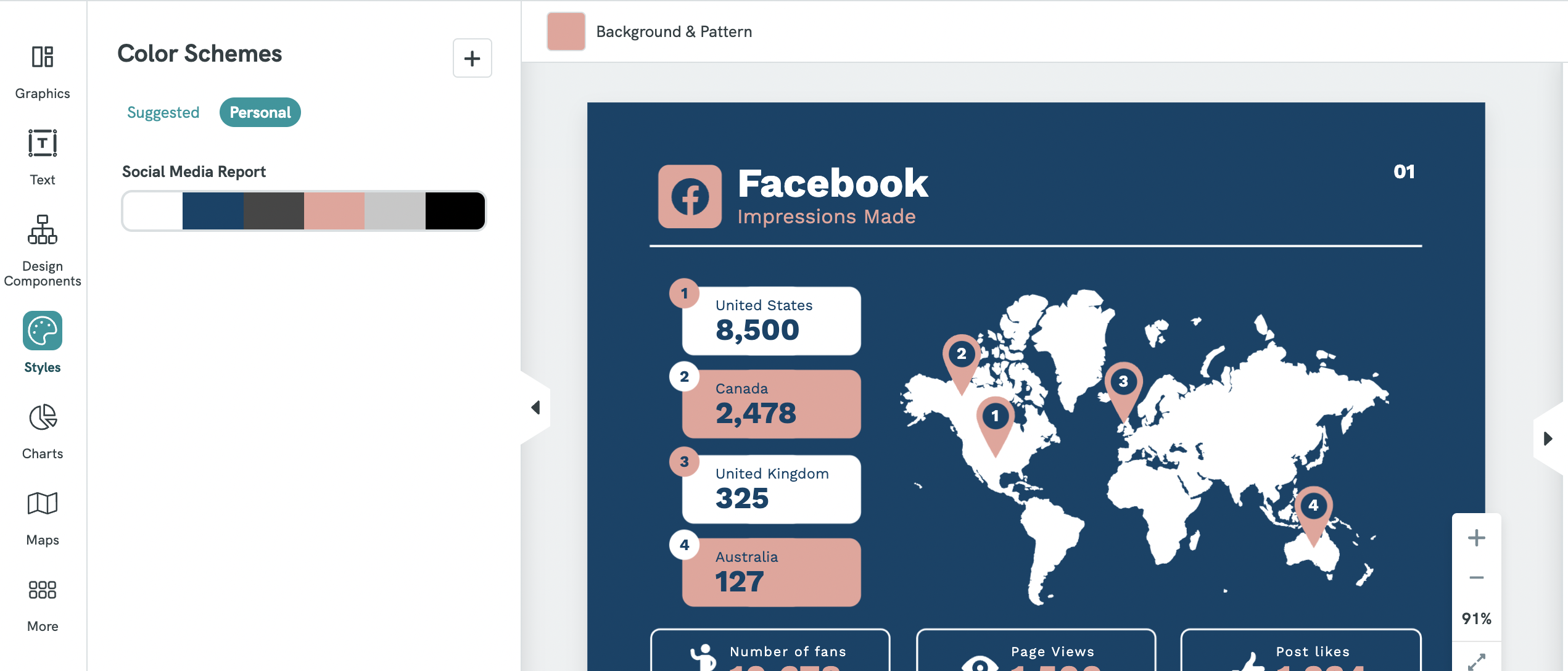 Редактор Piktochart с панелью стилей, схемами цветов и картой на холсте