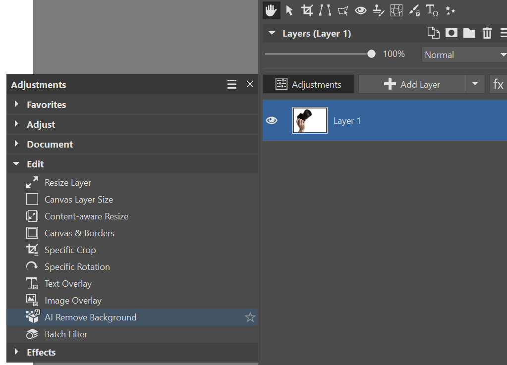 Zoner Studio Editor с инструментом AI Remove Background и панелью Layers