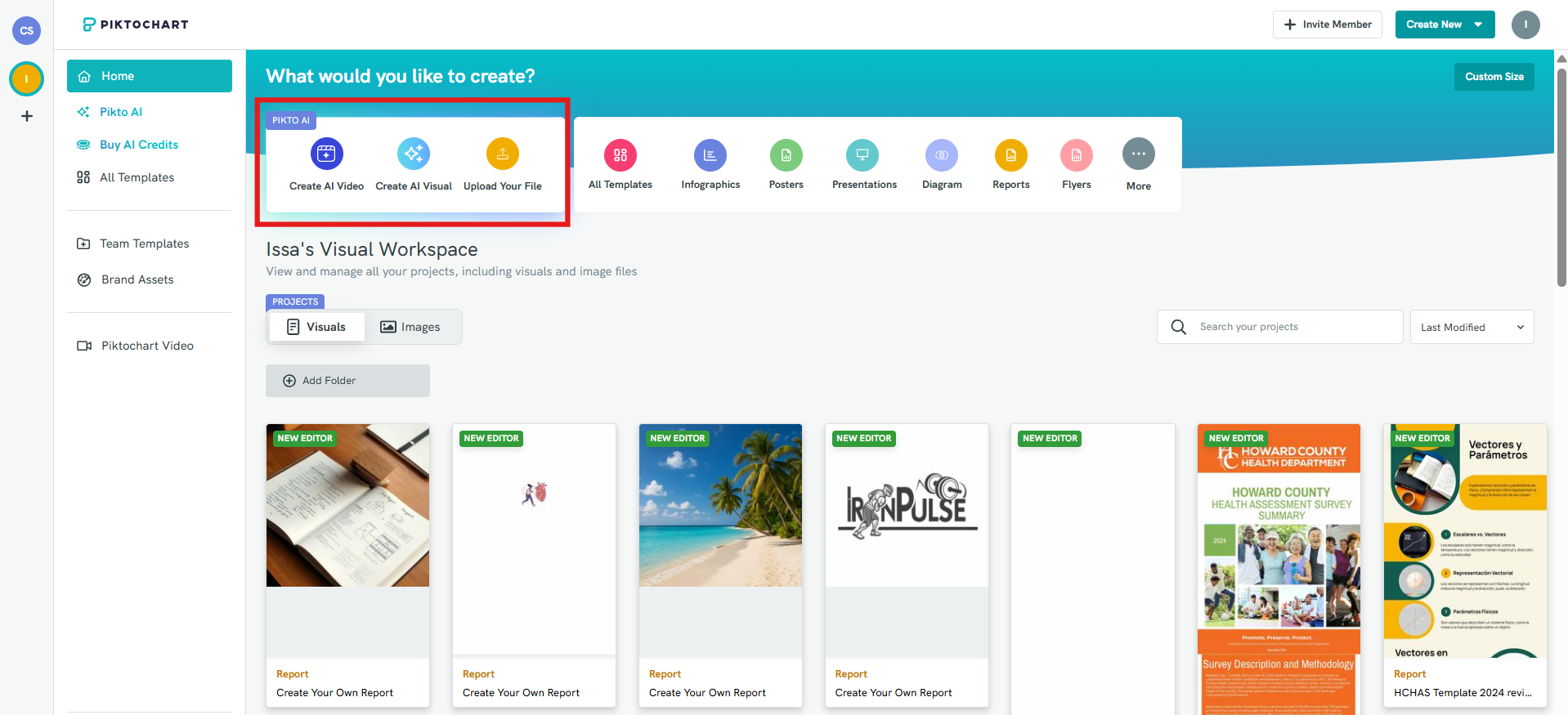 Панель Piktochart Visual с шаблонами, проектами и рабочим пространством