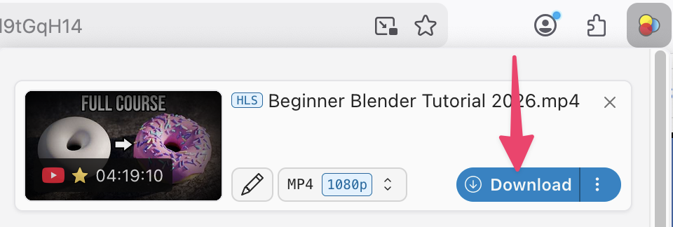 Карточка обнаруженного видео в панели Video DownloadHelper с кнопкой Download