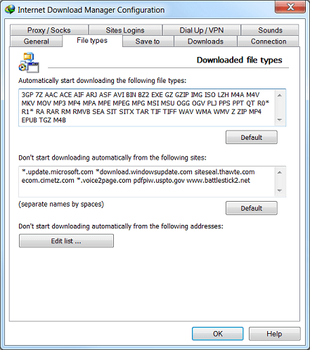 Раздел File Types в настройках Internet Download Manager