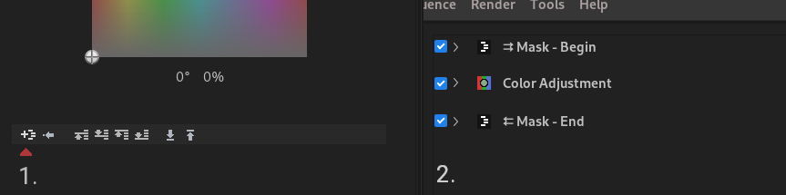Панель фильтров Flowblade с элементами Mask Begin, Color Adjustment и Mask End