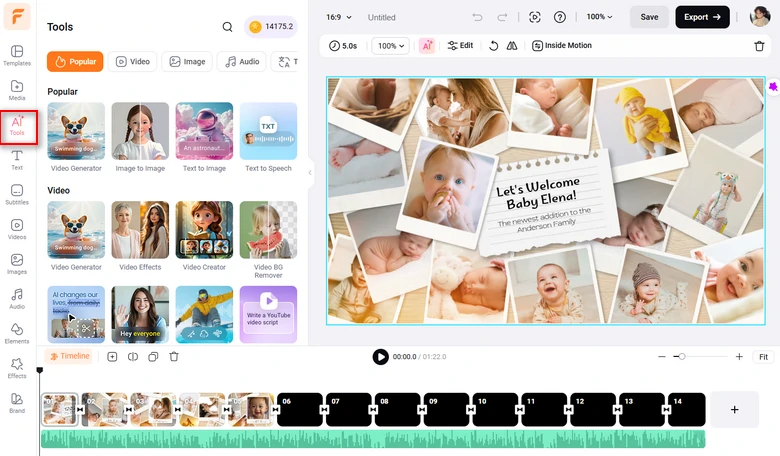 Раздел AI Tools внутри рабочего окна FlexClip