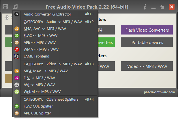 Меню аудиоконвертеров Free Audio Video Pack