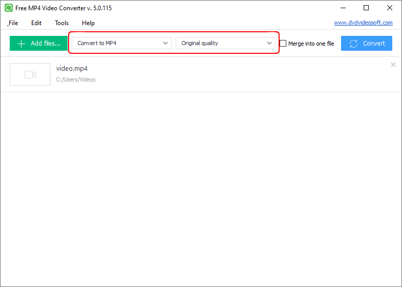 Интерфейс Free MP4 Video Converter со списком файлов, профилем MP4 и кнопкой Convert