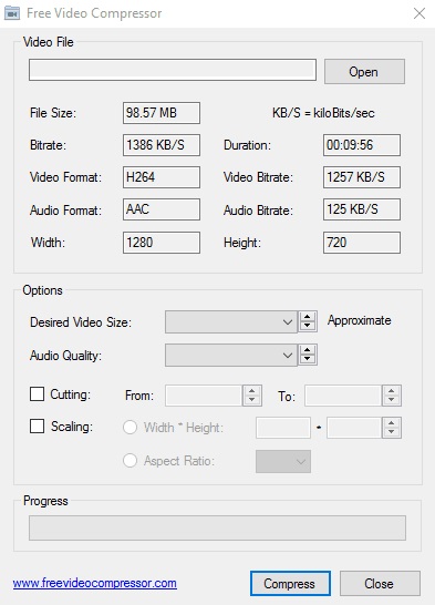 Главное окно Free Video Compressor с параметрами загруженного H.264-видео 1280 на 720