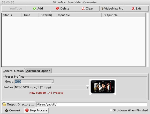 Исторический интерфейс VideoMax Free Video Converter на Mac OS X