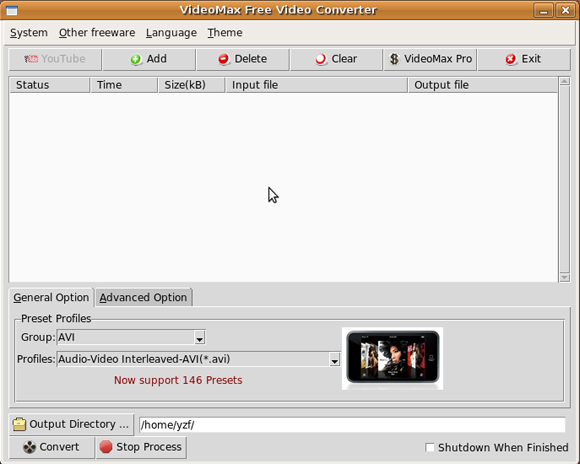 Исторический интерфейс VideoMax Free Video Converter в Ubuntu