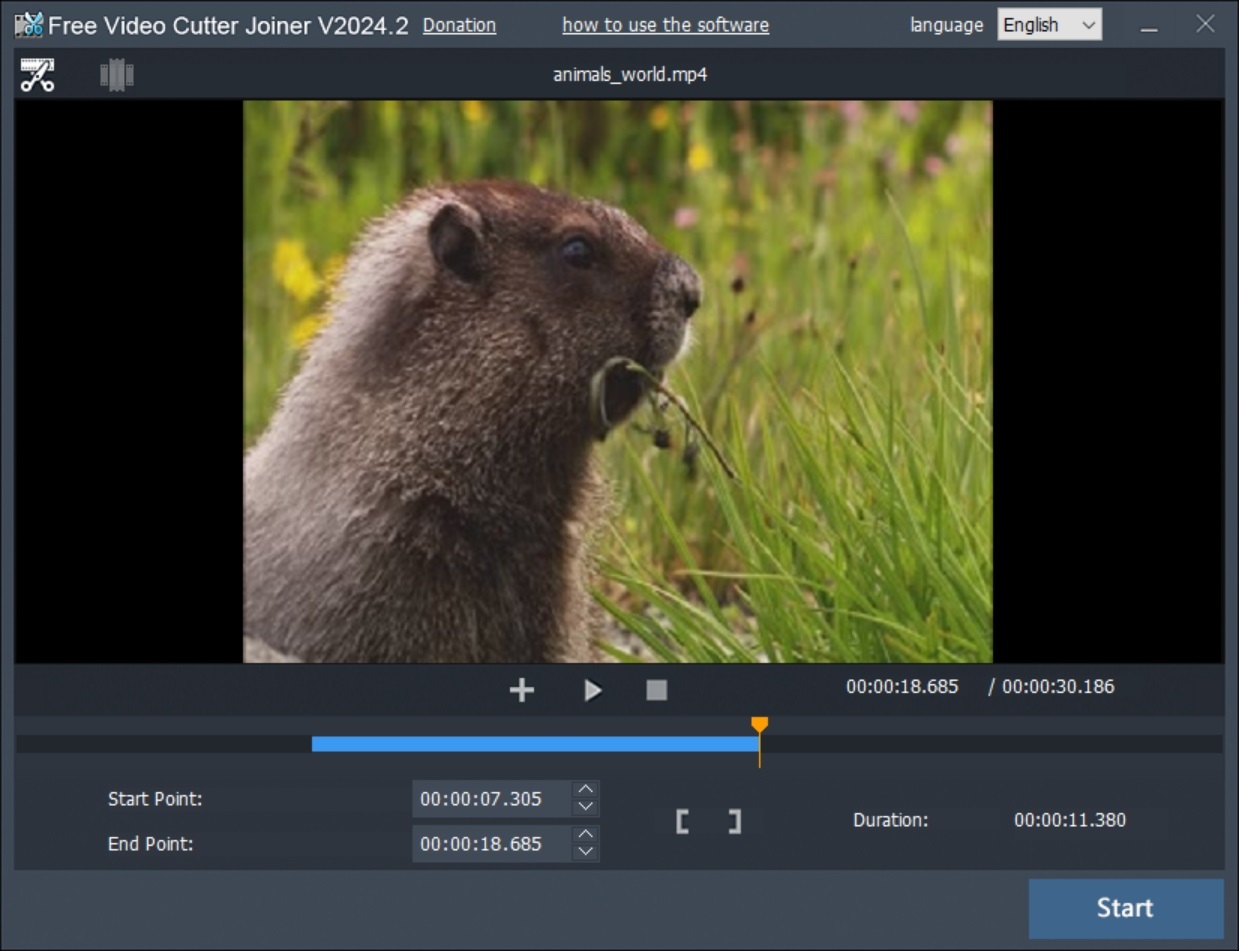 Интерфейс Free Video Cutter Joiner в режиме обрезки видео