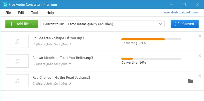 Окно Free Audio Converter с несколькими аудиофайлами в очереди