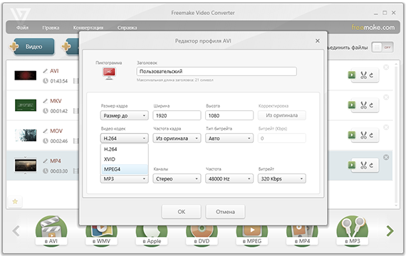Редактор пользовательского профиля Freemake Video Converter