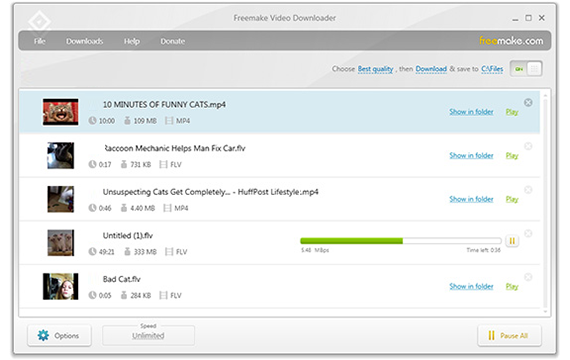 Главное окно Freemake Video Downloader со списком загрузок и индикаторами прогресса