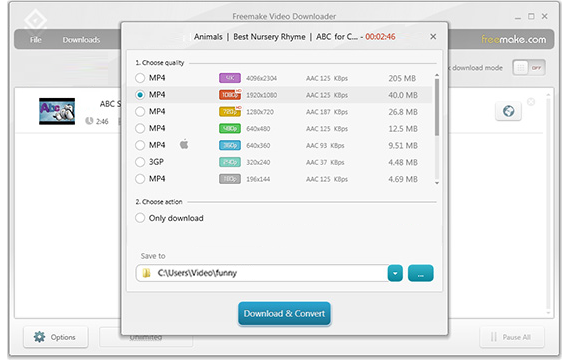 Окно Freemake Video Downloader со списком доступных вариантов качества и кнопкой Download and Convert