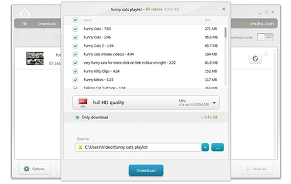 Окно Freemake Video Downloader с выбором качества и режима сохранения