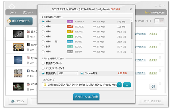 Диалог Freemake Video Downloader с выбором разрешения, формата, режима загрузки и папки сохранения