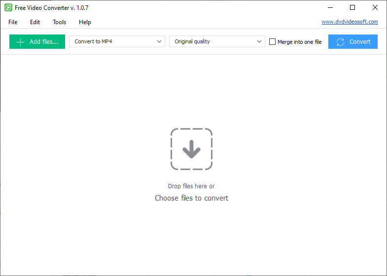 Главное окно DVDVideoSoft Free Video Converter с кнопкой Add files и областью для перетаскивания видео