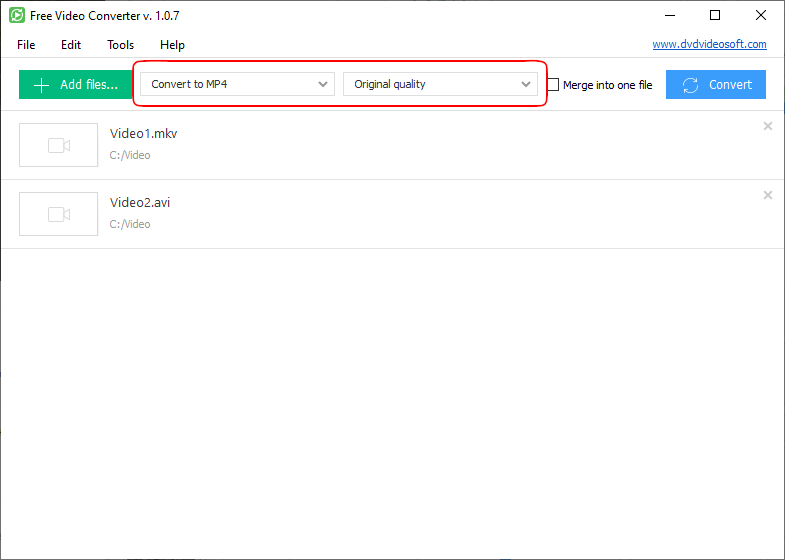 Очередь из двух видео в Free Video Converter и выделенные списки выходного формата и качества