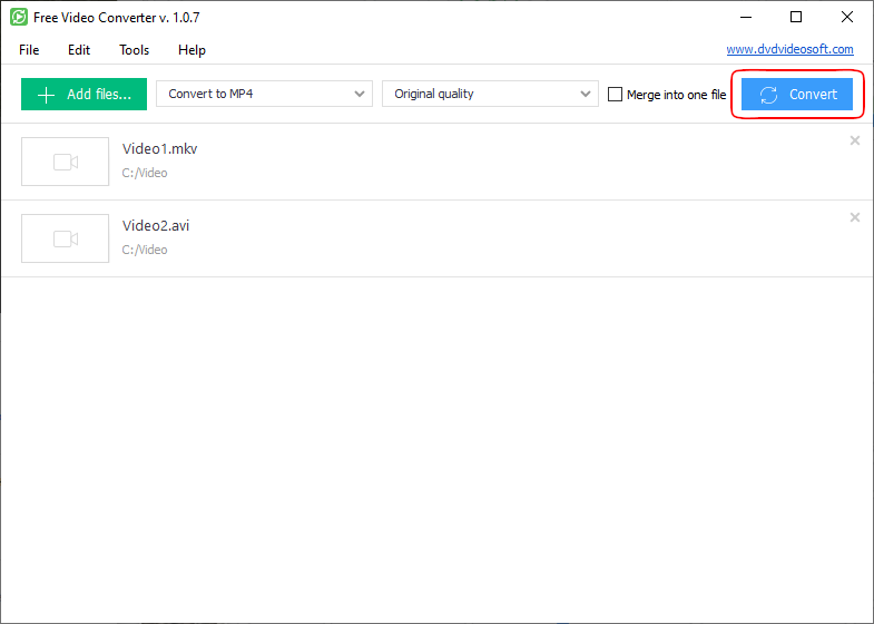 Кнопка Convert в интерфейсе DVDVideoSoft Free Video Converter