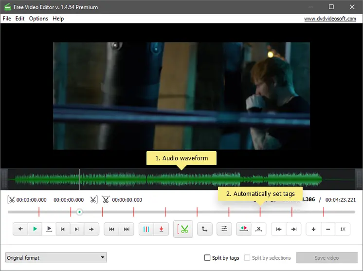 Интерфейс Free Video Editor после импорта ролика со звуковой волной и автоматическими тегами