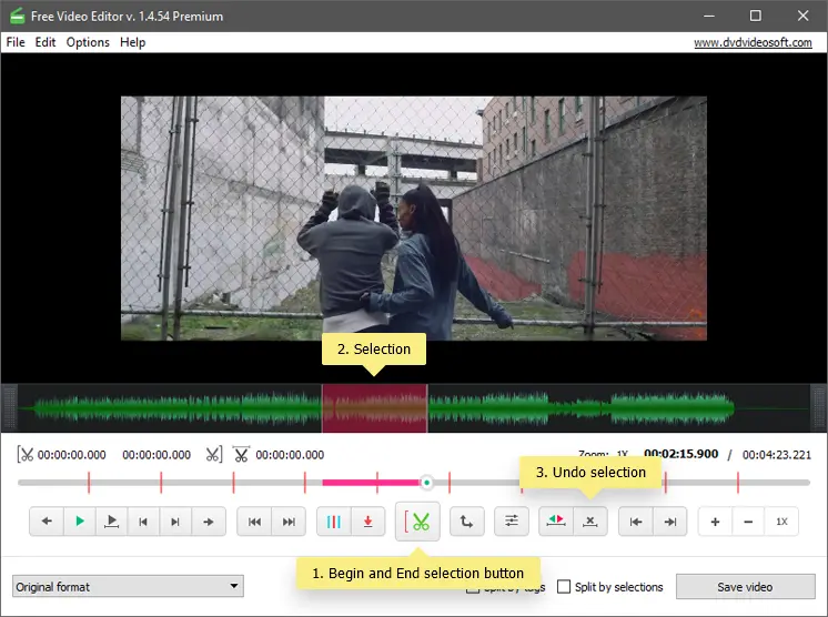 Выделенный для удаления фрагмент на временной шкале Free Video Editor