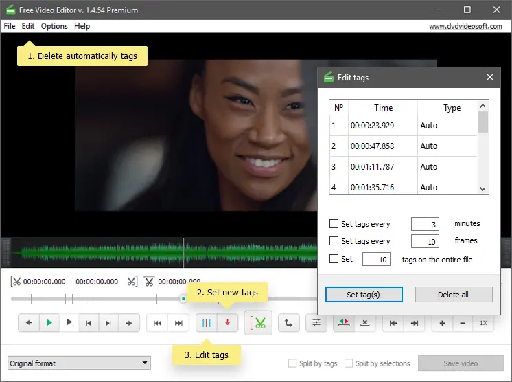 Окно редактирования тегов Free Video Editor с настройкой интервалов и количества меток