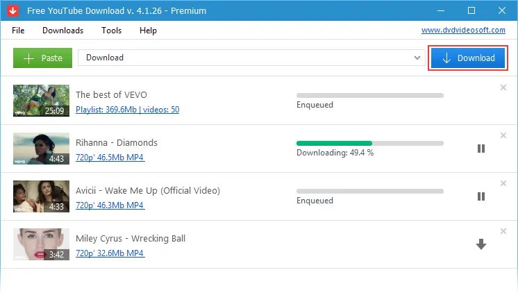 Очередь Free YouTube Download перед запуском загрузки