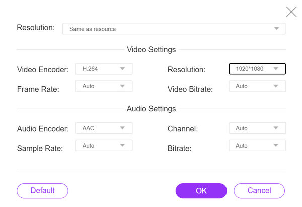 Окно параметров FVC Free Video Converter Online с настройками H.264, разрешения 1920 на 1080, частоты кадров и аудио AAC