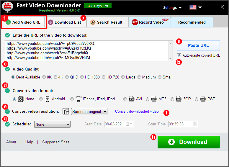 Окно Add Video URL в Fast Video Downloader с выбором качества, формата, разрешения и расписания