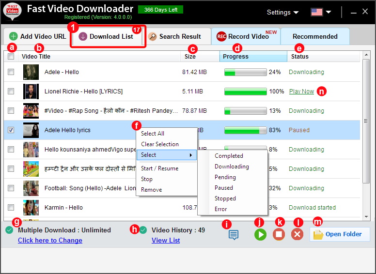 Очередь Download List в Fast Video Downloader с прогрессом и командами управления