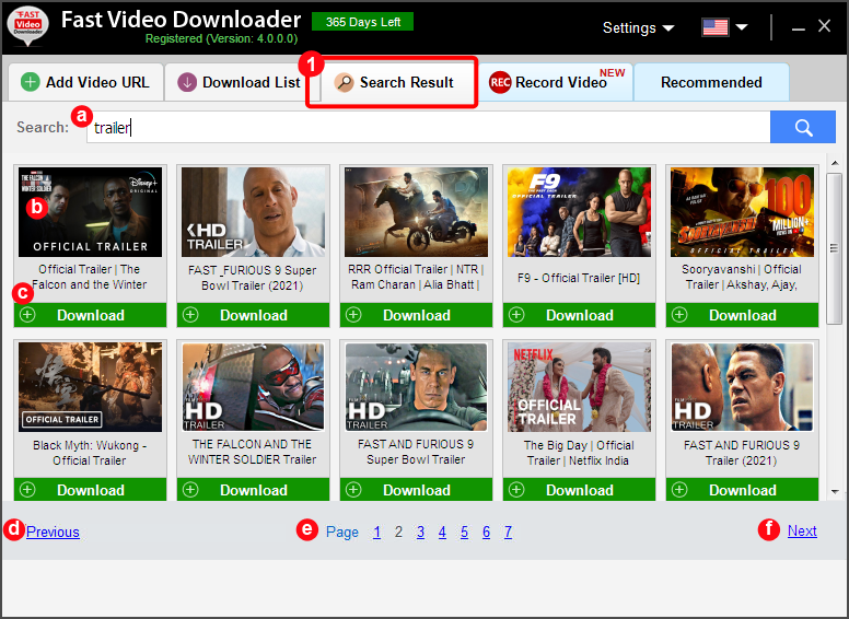 Вкладка Search Result в Fast Video Downloader с результатами поиска и кнопками Download