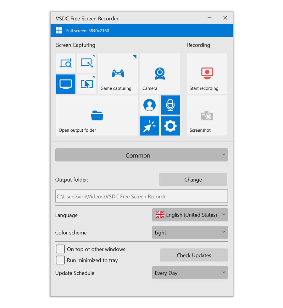 Главное окно VSDC Free Screen Recorder со светлой темой и открытым разделом Common