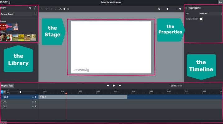 Рабочие зоны Moovly Studio: Library, Stage, Properties и Timeline