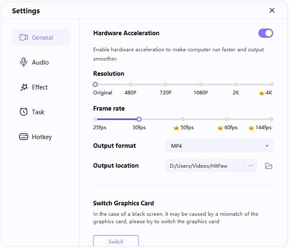 Окно General Settings HitPaw Screen Recorder с разрешением, частотой кадров, форматом и каталогом вывода
