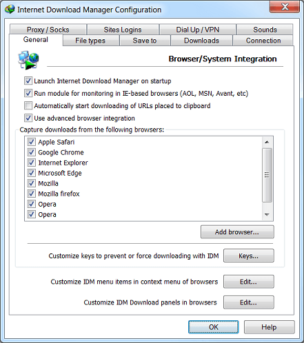 Раздел General в параметрах Internet Download Manager с настройками браузерной интеграции