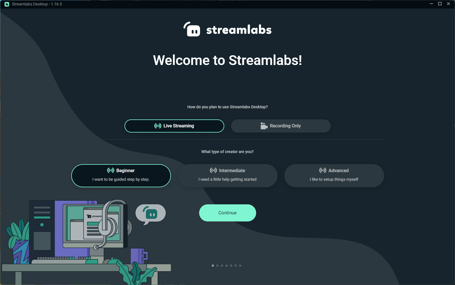 Экран первого запуска Streamlabs Desktop с выбором режима использования и уровня опыта