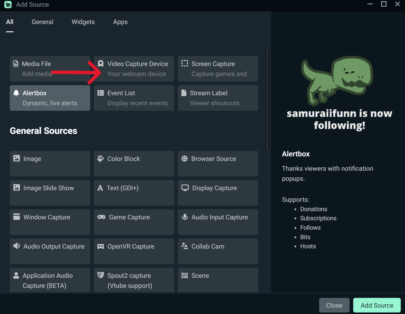 Окно Add Source в Streamlabs Desktop с вариантами захвата, медиа, виджетов и Collab Cam