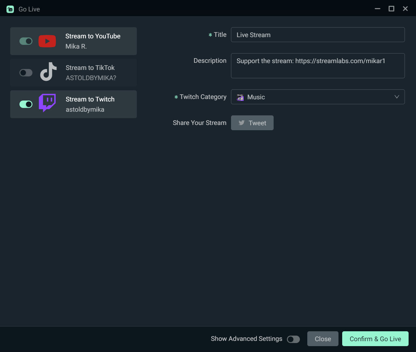 Окно Go Live в Streamlabs Desktop с выбором подключённых площадок и полями трансляции