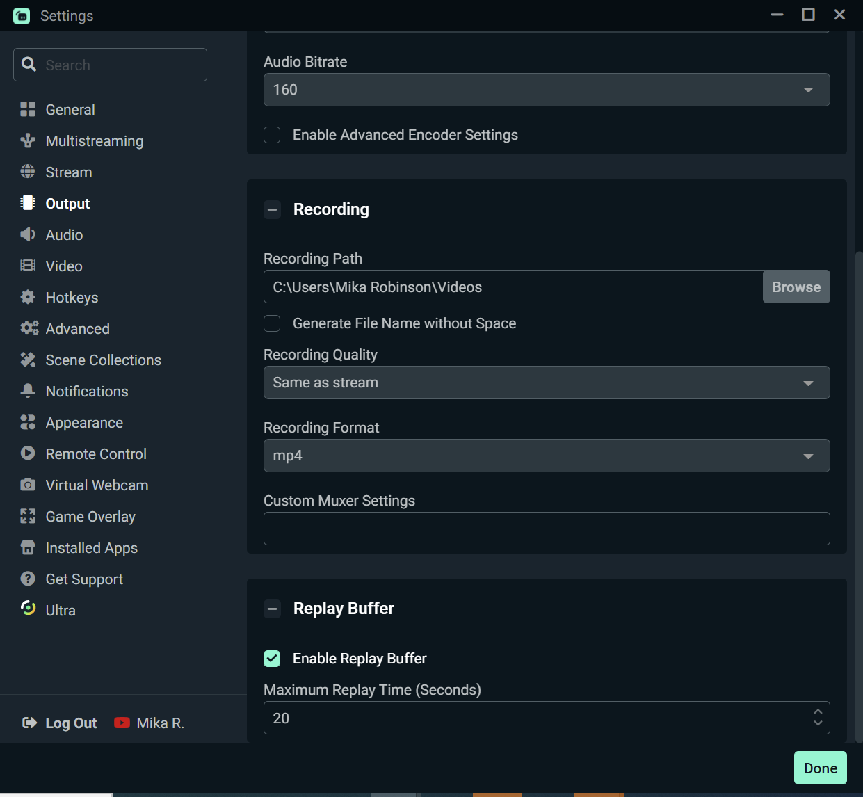 Настройки Output в Streamlabs Desktop с путём записи, качеством и форматом MP4