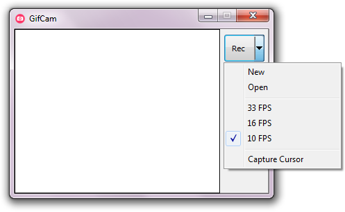 Официальный скриншот интерфейса GifCam с меню Rec, выбором FPS и Capture Cursor