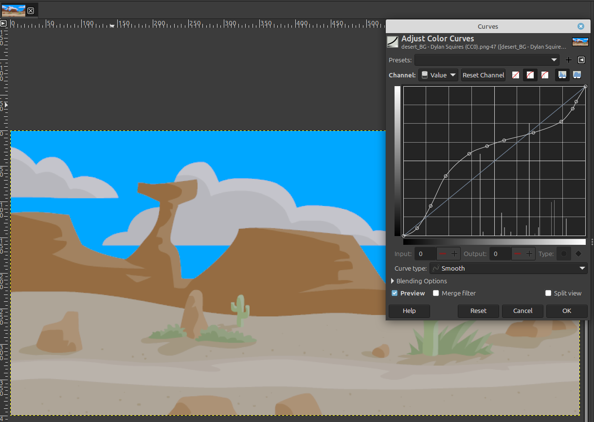 Окно Curves в GIMP 3.2 с кривой тоновой коррекции