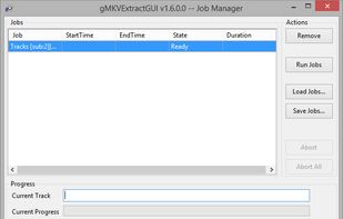 Архивное окно Job Manager gMKVExtractGUI 1.6 с таблицей заданий и индикаторами прогресса