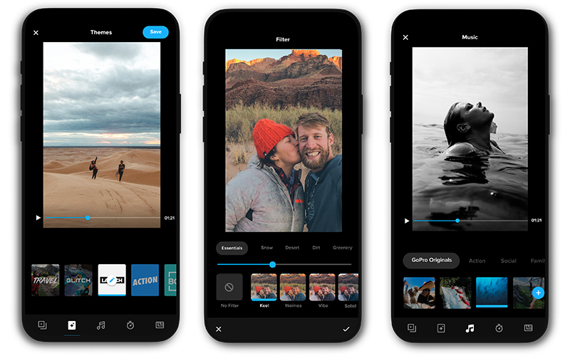 Темы, фильтры и музыка в интерфейсе GoPro Quik