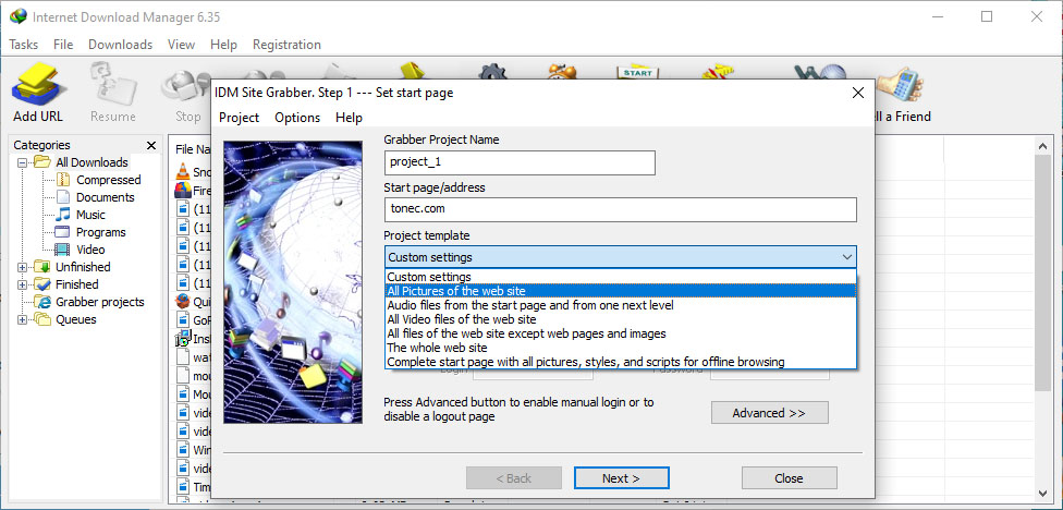 Мастер Site Grabber в Internet Download Manager