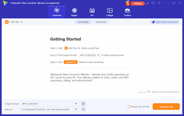 Главное окно 4Videosoft Video Converter Ultimate с вкладками Converter, Ripper, MV, Collage и Toolbox