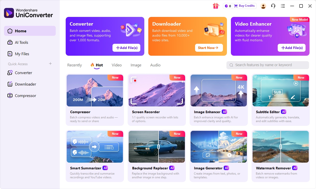 Главный экран Wondershare UniConverter с разделами Home, AI Tools и My Files