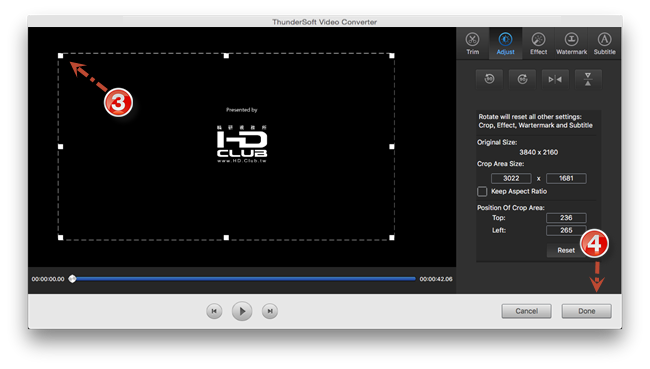 Кадрирование видео в окне Adjust ThunderSoft Video Converter