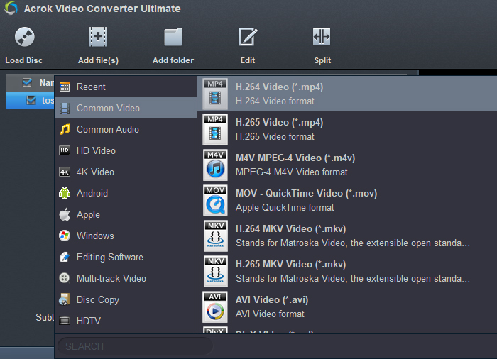 Выбор профиля H.264 MP4 и других форматов в Acrok Video Converter Ultimate