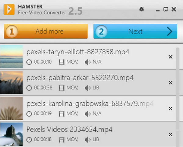 Очередь файлов в Hamster Free Video Converter 2.5 с кнопками Add more и Next