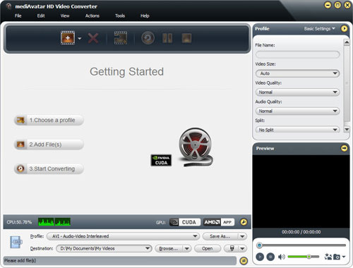Главное окно mediAvatar HD Video Converter с очередью, панелью Profile и Preview