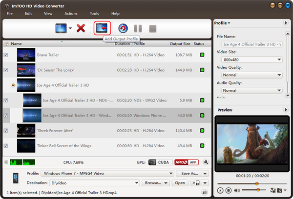 Добавление второго выходного профиля для одного видео в ImTOO HD Video Converter